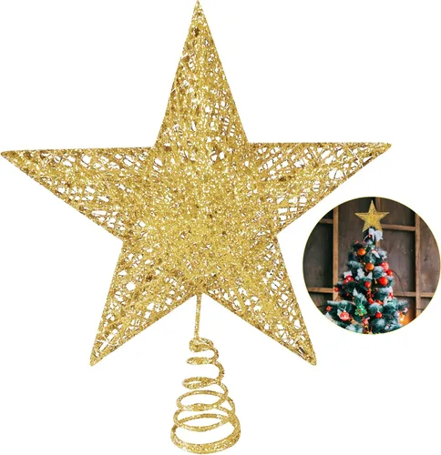 Miniatura 8 de Estrella para la punta del árbol de Navidad, estrella metálica para la punta del árbol de Navidad, decoración navideña con purpurina, estrella