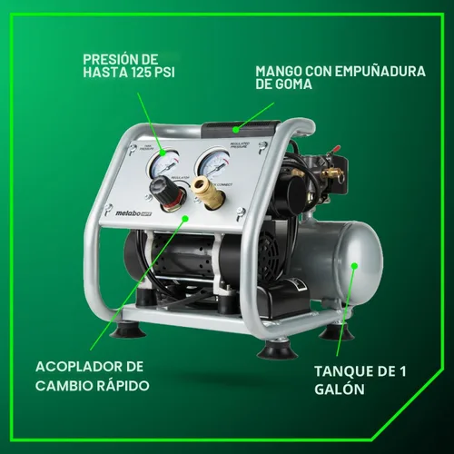 Miniatura 6 de Metabo HPT Compresor de aire silencioso, compresor de aire portátil sin aceite de 1 galón, funcionamiento ultrasilencioso a 59 dB, acoplador rápido