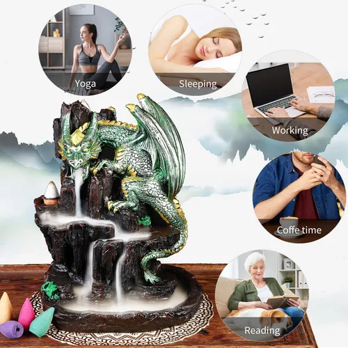 Miniatura 3 de Dragon Backflow - Quemador de incienso de 2 caras en cascada de montaña, soporte de incienso de humo con conos de incienso de reflujo, pinzas, Verde