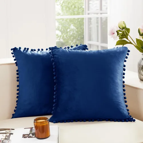 Miniatura 30 de Deconovo Juego de 2 fundas de almohada de terciopelo, 26 x 26 pulgadas, color azul, suaves pompones cuadrados con funda de cremallera oculta