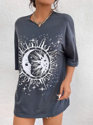 Miniatura 4 de SheIn Camiseta de gran tamaño con cuello redondo y hombros caídos para mujer