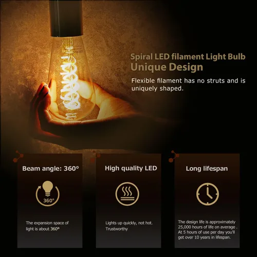 Miniatura 4 de Paquete de 6 bombillas Edison ST19 ST58, bombillas LED vintage, blanco suave de 2700 K, bombilla de filamento LED en espiral flexible antiguo