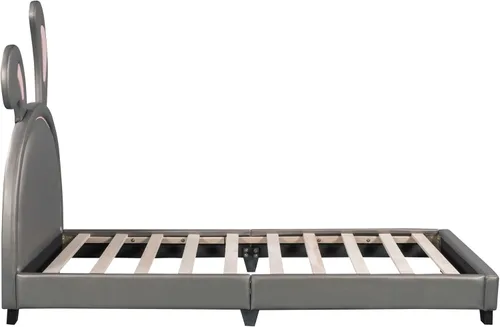 Miniatura 6 de Bonita cama tapizada de cuero con adorno de conejo, cama de plataforma de tamaño individual con cabecero y listones de madera, adecuada para niños