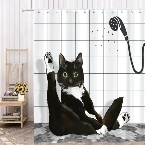 Miniatura 2 de Cortina de ducha de gato negro, divertido gatito lindo a cuadros, lavable a máquina, impermeable, tela duradera para decoración de baño, bañera