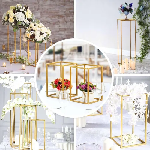 Miniatura 5 de Efavormart - Paquete de 2 soportes de metal para flores de boda de 16 pulgadas, soporte geométrico para centro de mesa Dorado