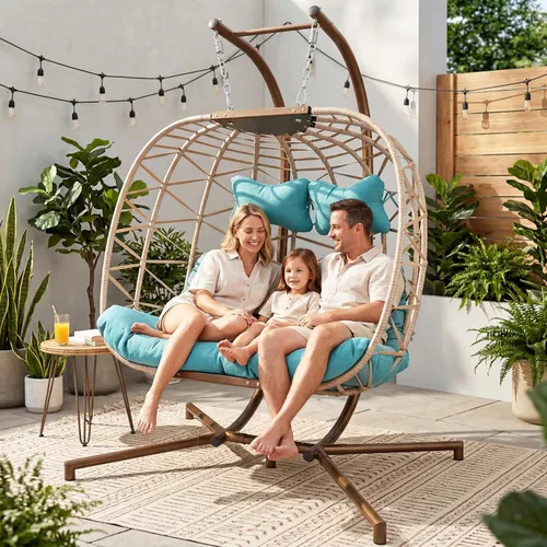 Miniatura 11 de RADIATA Silla colgante de huevo para 2 personas con soporte, silla de huevo doble para exteriores con canasta plegable, silla columpio de mimbre XL