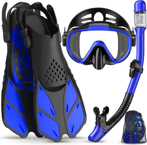 Miniatura 12 de Ubekezele Equipo de esnórquel para adultos, hombres y mujeres, juego de esnórquel 4 en 1 con máscara de buceo con vista panorámica, antivaho