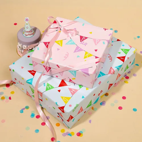 Miniatura 2 de BIOBROWN Rollo de papel de regalo reversible de cumpleaños, 17 pulgadas x 16 pies, pancarta de cumpleaños, diseño de bandera y confeti, papel