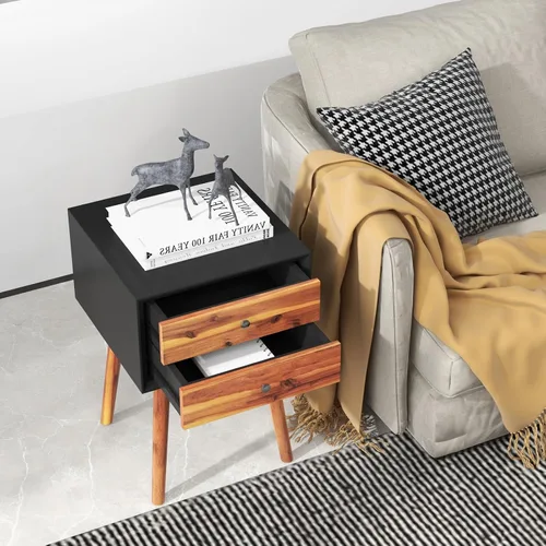 Miniatura 9 de GOFLAME Mesita de noche con 2 cajones, pequeña mesa auxiliar de madera, moderna de mediados de siglo con almacenamiento, mesa auxiliar compacta