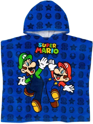 Super Mario Toalla Poncho para niños | Toalla de baño de personajes de juegos para niños Mario Brothers | Luigi & Mario Star Blue Changing Robe