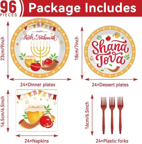 Miniatura 2 de gisgfim 96 piezas de platos y servilletas Rosh Hashanah, suministros para fiestas Shana Tova, juego de vajilla para los días santos, decoraciones