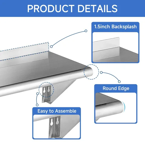 Miniatura 4 de ROCKPOINT Estante de acero inoxidable de 12 x 24 pulgadas, 250 libras, estantes comerciales de metal NSF para montaje en pared, estantería flotante