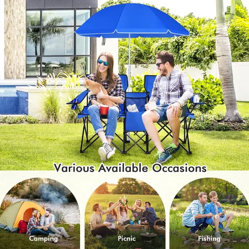 Miniatura 8 de LDAILY LUARANE - Silla plegable doble para campamento, sillas de picnic al aire libre con paraguas extraíble, mini mesa, portavasos y bolsa de Azul
