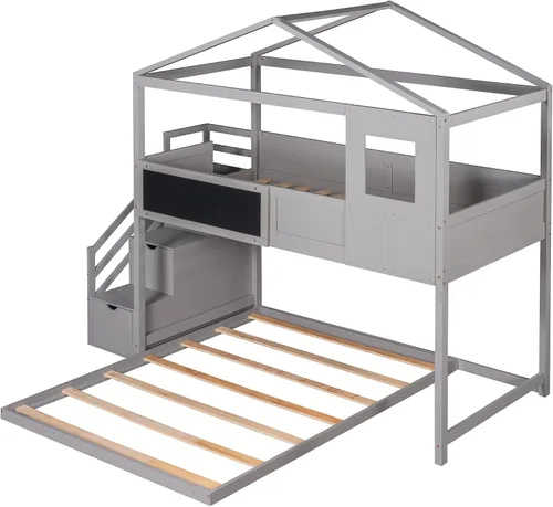 Miniatura 4 de Cama litera con escalera en forma de casa con escalera con almacenamiento y ventana para niños o niñas, no se necesita somier
