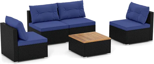 Miniatura 9 de Tangkula Juego de muebles de mimbre para patio, juego de sofá y mesa auxiliar de ratán sin brazos de 4 piezas, con cojines, mesa de madera de Negro