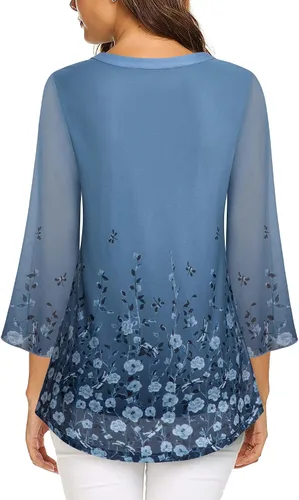 Miniatura 4 de VALOLIA Blusa tipo túnica floral de manga 34 para mujer, cuello en V, doble capa, ajuste holgado, de malla