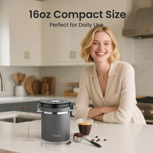 Miniatura 2 de Veken - Recipiente hermético para café de acero inoxidable, contenedor de almacenamiento de alimentos para la cocina con registro de fecha y cuchara