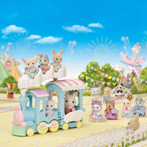 Miniatura 6 de Calico Critters – Tren de arco iris de nube flotante – Serie de atracciones Calico Land – Juguete de simulación para niños, vehículo en miniatura