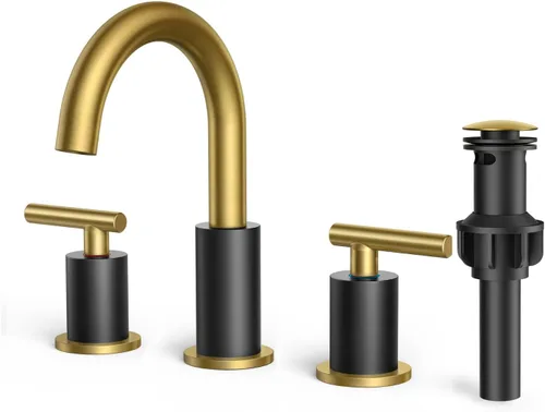 Miniatura 24 de FORIOUS Juego central de grifo de baño dorado cepillado de 4 pulgadas, 2 manijas y 2 agujeros dorados para tocador de baño con metal emergente