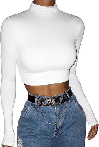 Miniatura 3 de LCNBA Camiseta corta de manga larga para mujer, cuello alto, sexy, básica, recortada
