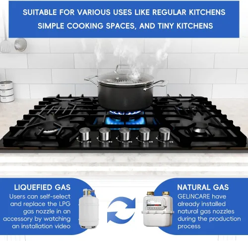 Miniatura 5 de Placa de cocina de gas de 30 pulgadas, estufa de 5 quemadores, encimera convertible de propano y gas natural integrada, encimera de acero inoxidable