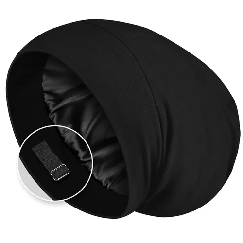 Zenssia Gorro de pelo con forro de satén para dormir, gorro de dormir para mujeres y hombres con correa ajustable, envoltura para el cabello que