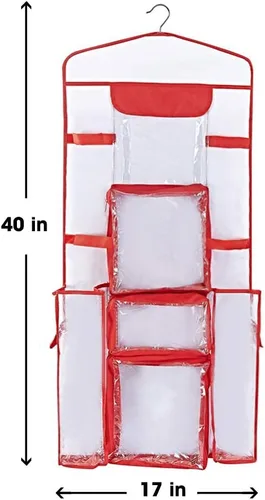 Miniatura 4 de Almacenamiento de papel de regalo colgante Organizador de papel de regalo de doble cara Bolsillos para bolsas de regalo, cinta, lazos y Rojo
