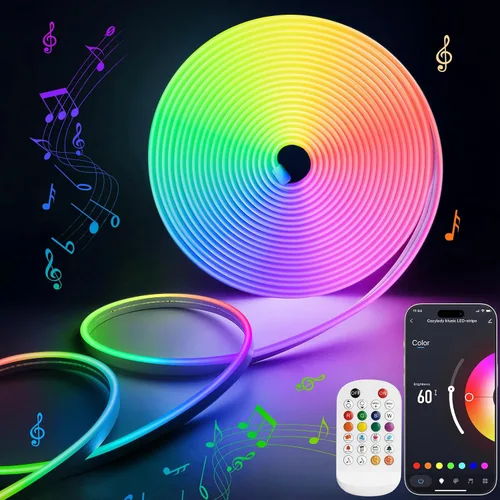 Lamomo - Tira de luces LED RGB de neón, 16.4 pies de luces de cuerda LED de neón con control remoto por aplicación, sincronización de música,