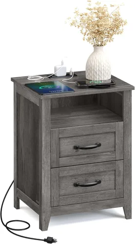 Miniatura 8 de VASAGLE Colección LIRY - Mesita de noche de estilo granja con estación de carga, mesita de noche, mesa auxiliar con 3 cajones, para dormitorio