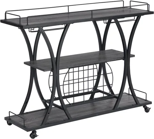 Miniatura 6 de KIVENJAJA Carrito de bar industrial, carrito de servicio rodante con estantes para vino y soporte para vidrio, estante de 3 niveles de licor