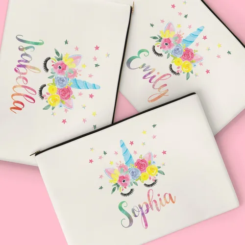 Miniatura 4 de Bolsa de maquillaje, bolsa de cosméticos, bolsa de cosméticos, bolsa de maquillaje con nombre personalizado de unicornio en acuarela, bolsa