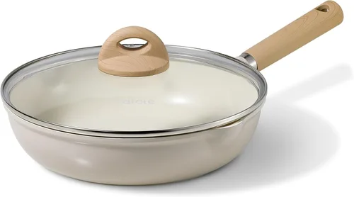CAROTE Sartén de Cerámica de 10" con Tapa, Sartén Antiadherente Sartén de Chef, Saludable y Libre de PFOA/PFAS, Compatible con Inducción, Taupe