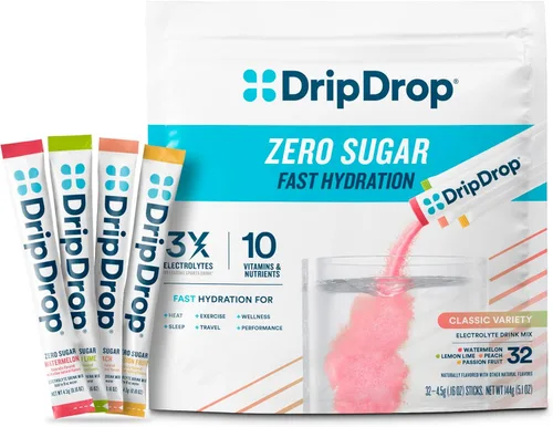 DripDrop Paquetes de hidratación sin azúcar, paquete variado Zero Classic, mezcla de electrolitos de una sola porción en polvo, lima limón, sandía,