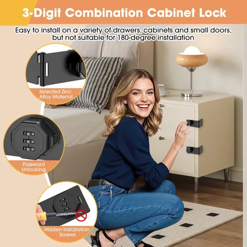 Miniatura 2 de Cerraduras de gabinete de 90 grados con combinación, pestillo mecánico plegable para puerta, cerradura de cerrojo giratorio sin llave para Negro