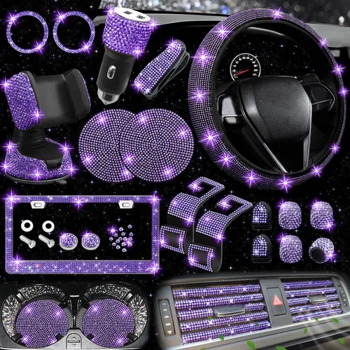 Miniatura 19 de NBTEPEM 27 piezas de juego de accesorios brillantes para auto en color aguamarina para mujeres, fundas para volante de ajuste universal de 15