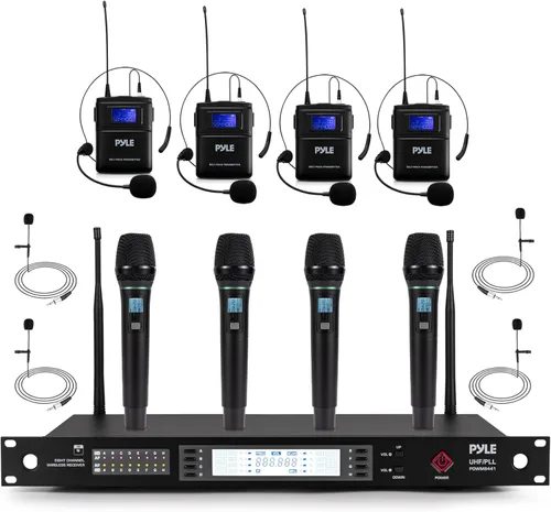 Pyle Sistema de micrófono inalámbrico UHF de 8 canales con 4 micrófonos de mano, 4 Lavalier y 4 micrófonos de auriculares, rango de 300 pies y