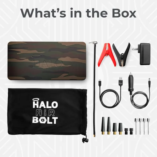 Miniatura 7 de HALO Bolt Air 58830 Cargador de batería portátil para automóvil Compresor de aire de 100 PSI, banco de energía USB de 58.8Wh, foco de emergencia