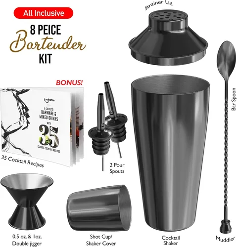 Miniatura 2 de Juego de coctelera de bar, kit de camarero, juego de cóctel negro de 8 piezas, kit de barman mixología, kit de coctelera de acero para bebidas