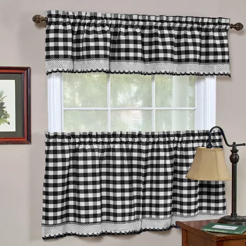 Woven Trends Juego de 3 cortinas de cocina y cenefa, diseño de cuadros a cuadros, 29 pulgadas de ancho x 24 pulgadas de largo, paneles de nivel de