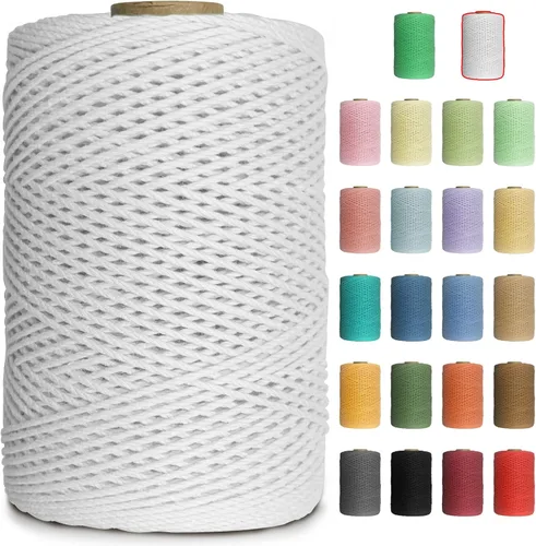 Miniatura 9 de Cuerda de macramé de colores de 0.039 in, cuerda de algodón de 656 pies, 3 hebras trenzadas, cuerda de algodón colorido para manualidades, Amarillo