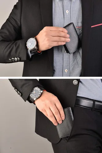 Miniatura 6 de RFID Cuero Genuino Bifold ID/Business Tarjeta de Crédito Caso Titular para Hombres Delgado Bolsillo Frontal Billetera Botón Negro