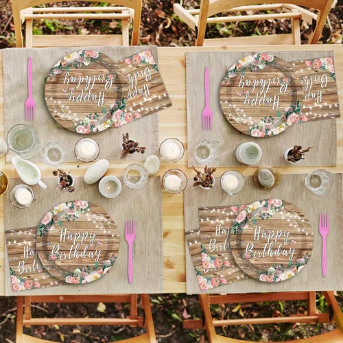 Miniatura 5 de Juego de 96 platos de fiesta de cumpleaños con flores de madera de grano de madera rosa y flores rústicas para niñas y niños, suministros de fiesta