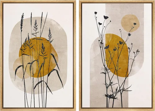 Miniatura 107 de IDEA4WALL Lienzo enmarcado para pared, juego de arte Bauhaus dorado de mediados de siglo, patrón de cuadrícula moderna, ilustraciones con formas