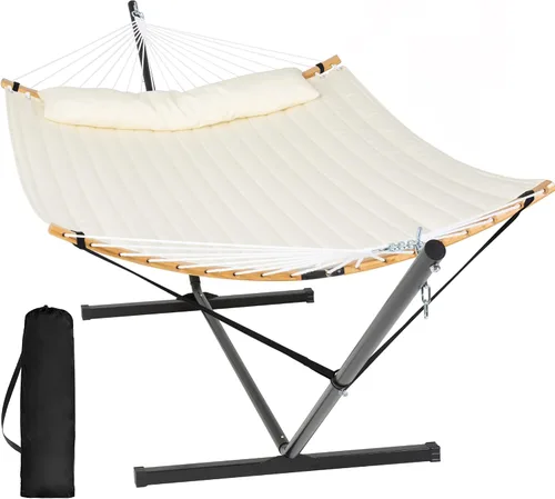 Miniatura 8 de SUNCREAT Hamaca doble con soporte incluido, hamaca portátil con soporte y almohada grande, rayas azules