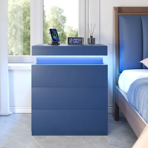 Miniatura 10 de ADORNEVE Mesita de noche con estación de carga y luces LED, mesa auxiliar con parte superior deslizante, mesa de noche con cajones, mesa lateral
