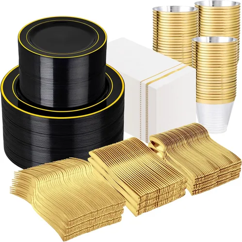 Miniatura 21 de GATHER 350 platos de plástico dorados. El juego de vajilla de plástico desechable blanco y dorado incluye 50 platos llanos, 50 platos de postre, 150