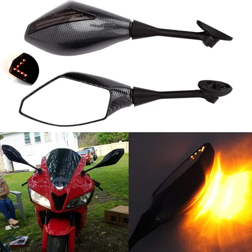 Espejos retrovisores LED para motocicleta con señal de giro compatibles con Honda CBR250R CBR 600 RR de 2011 a 2013 (fibra de carbono + lente