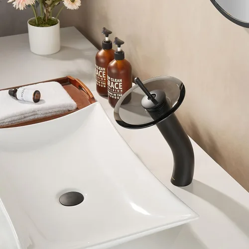 Miniatura 7 de Grifo de Baño de Cascada de Vidrio con Mango Único de Latón Macizo para Lavabo Lavatorio Vessel Sink Vanity, Alto, Negro
