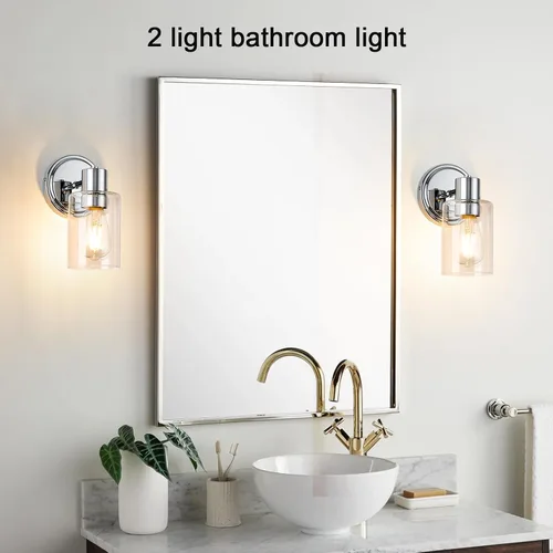 Miniatura 5 de Apliques de Pared de Baño de 2 Luces con Cristal Transparente, Luces de Pared de Baño Sobre Espejo, Luces de Tocador Cromadas con Base E26