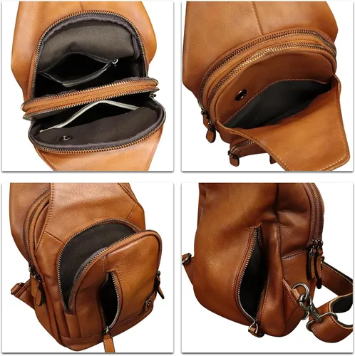 Miniatura 7 de IVTG Bolso bandolera de cuero genuino para hombres y mujeres, mochila vintage para el pecho, bolso cruzado para viajes y ciclismo, Marrón, Mediana
